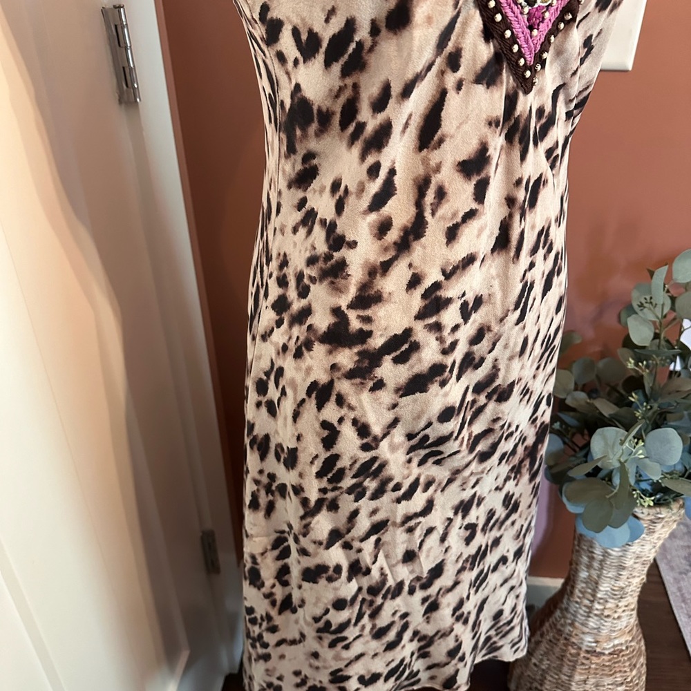 Haute Hippie leopard print embroidered vneck 100% silk crisscross S midi dress - Picture 8 of 16